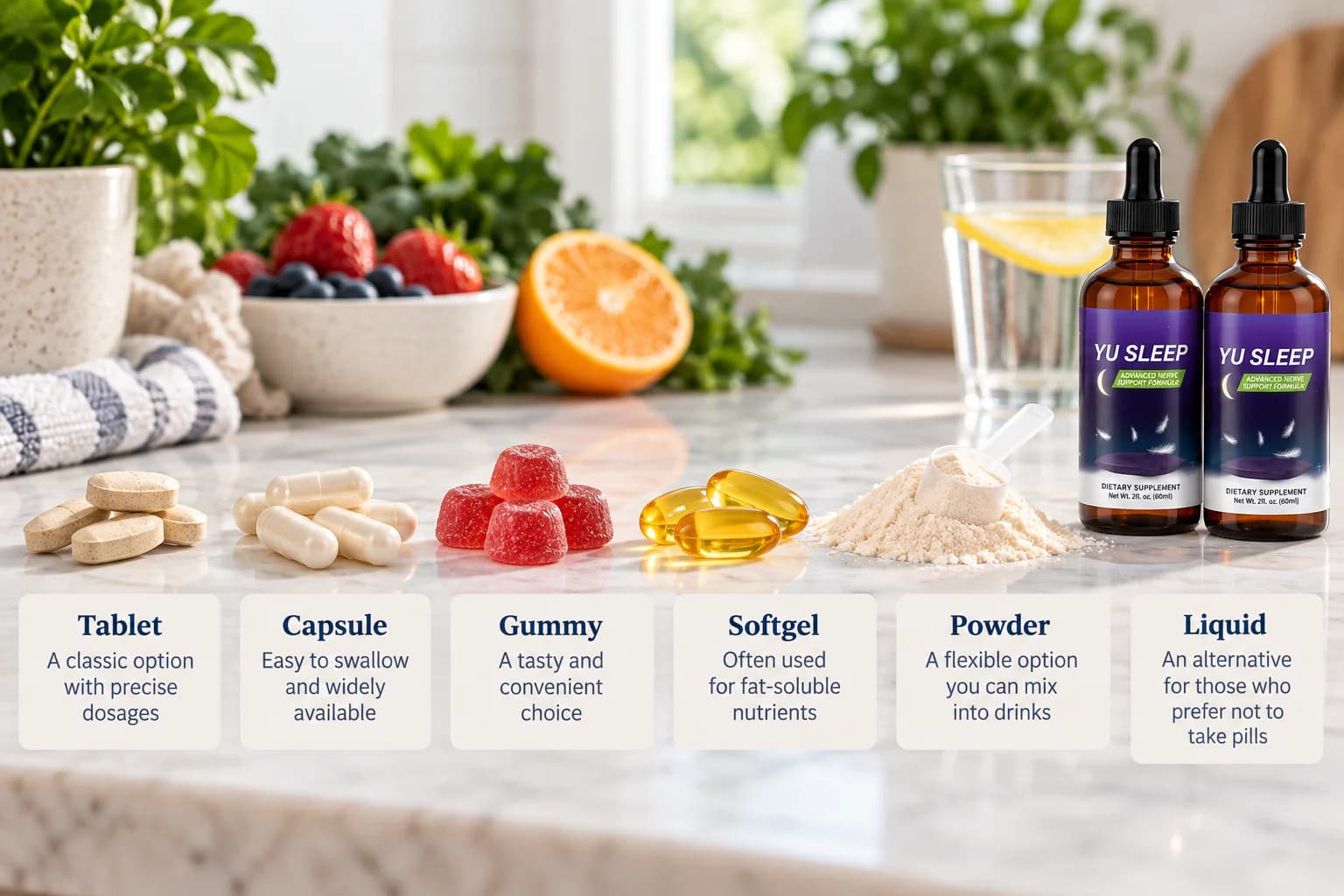 Different multivitamin forms including tablets, capsules, gummies, softgels, powder and liquid